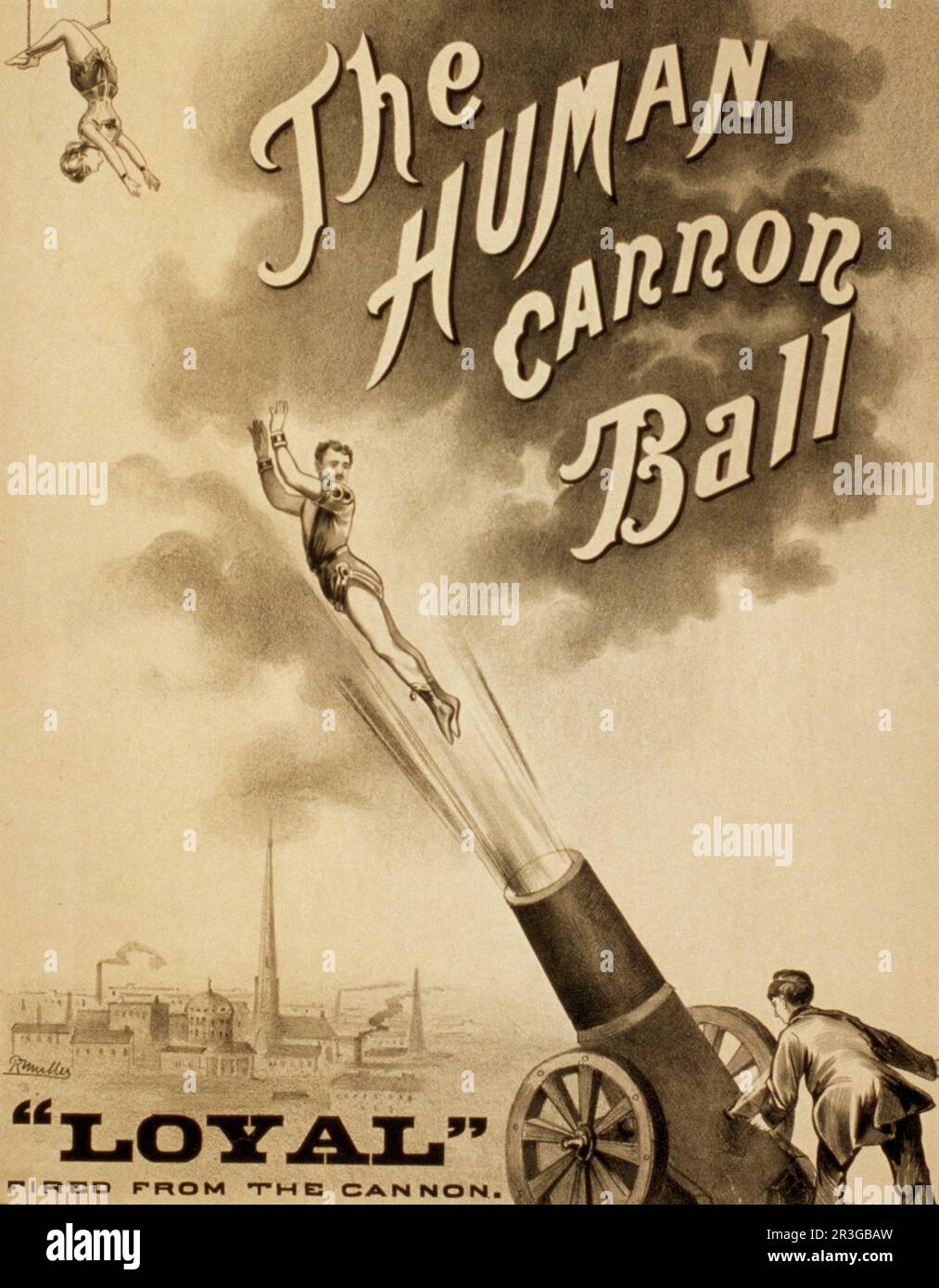 La palla di cannone umano, poster del circo d'epoca, circa 1879. Foto Stock