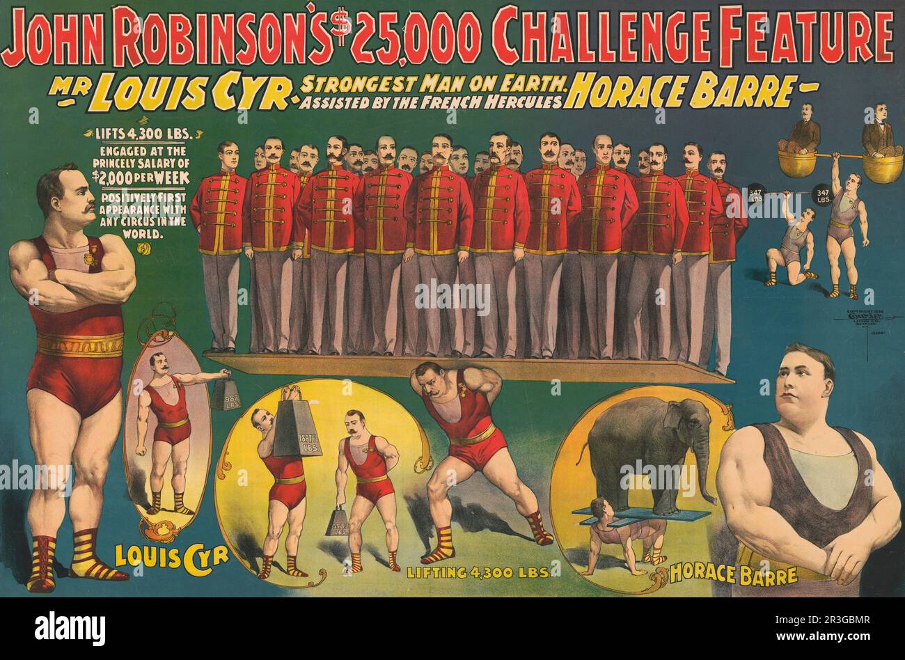 Poster del circo d'epoca che mostra gli uomini forti Louis Cyr e Horace barre sollevando pesi, persone e animali. Foto Stock