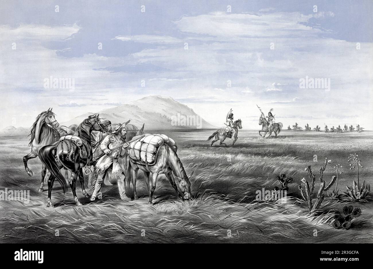 Un frontiersman si avvicina ad un indiano per un vicolo mentre il suo compagno si ripara dietro i loro cavalli, 1866. Foto Stock