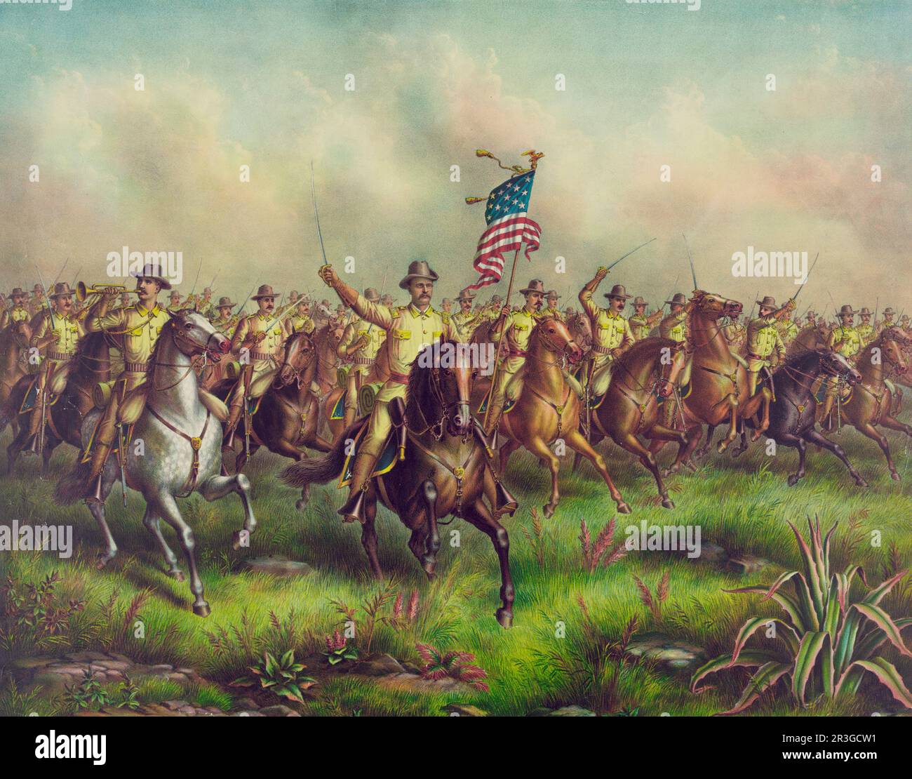 Il colonnello Theodore Roosevelt guida i Rough Riders. Foto Stock