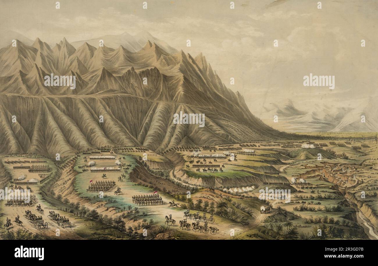 Vista del campo di battaglia e la battaglia dell'Angostura combattuta nei pressi di Buena Vista, Messico, durante la guerra messicana americana, 1847. Foto Stock