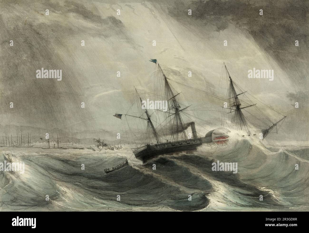 Gli Stati Uniti Steam Frigate Mississippi uscendo al sollievo del cacciatore americano a vapore vicino a Veracruz, Messico, 1847. Foto Stock