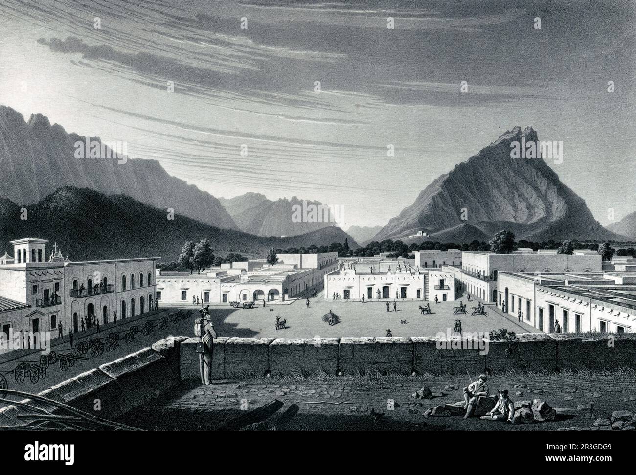 Soldati e artiglieria stazionati intorno alla piazza principale di Monterrey, Messico, 1846. Foto Stock