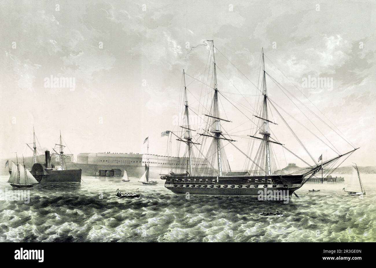 La USS Constitution della fregata degli Stati Uniti ad ancora al largo di Fort Adams, Newport, Rhode Island. Foto Stock