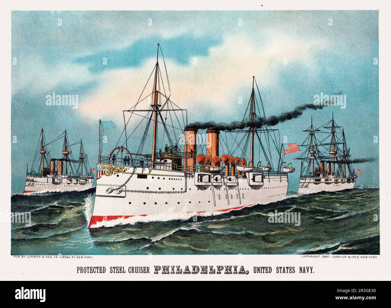 Incrociatore d'acciaio protetto Filadelfia degli Stati Uniti Marina sotto vapore in mare con altri incrociatori. Foto Stock