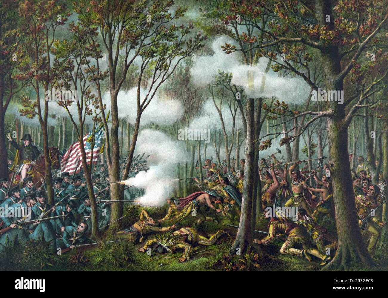 Battaglia di Tippecanoe, mostrando truppe americane che combattono le forze indiane di Tecumseh, 1811. Foto Stock
