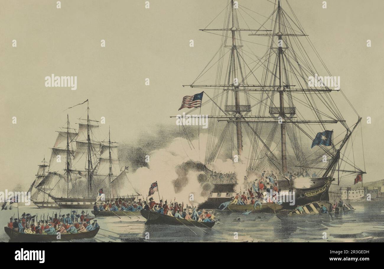 26 ottobre 1814 - il generale armstrong del privatatore americano che spara sulle barche britanniche. Foto Stock