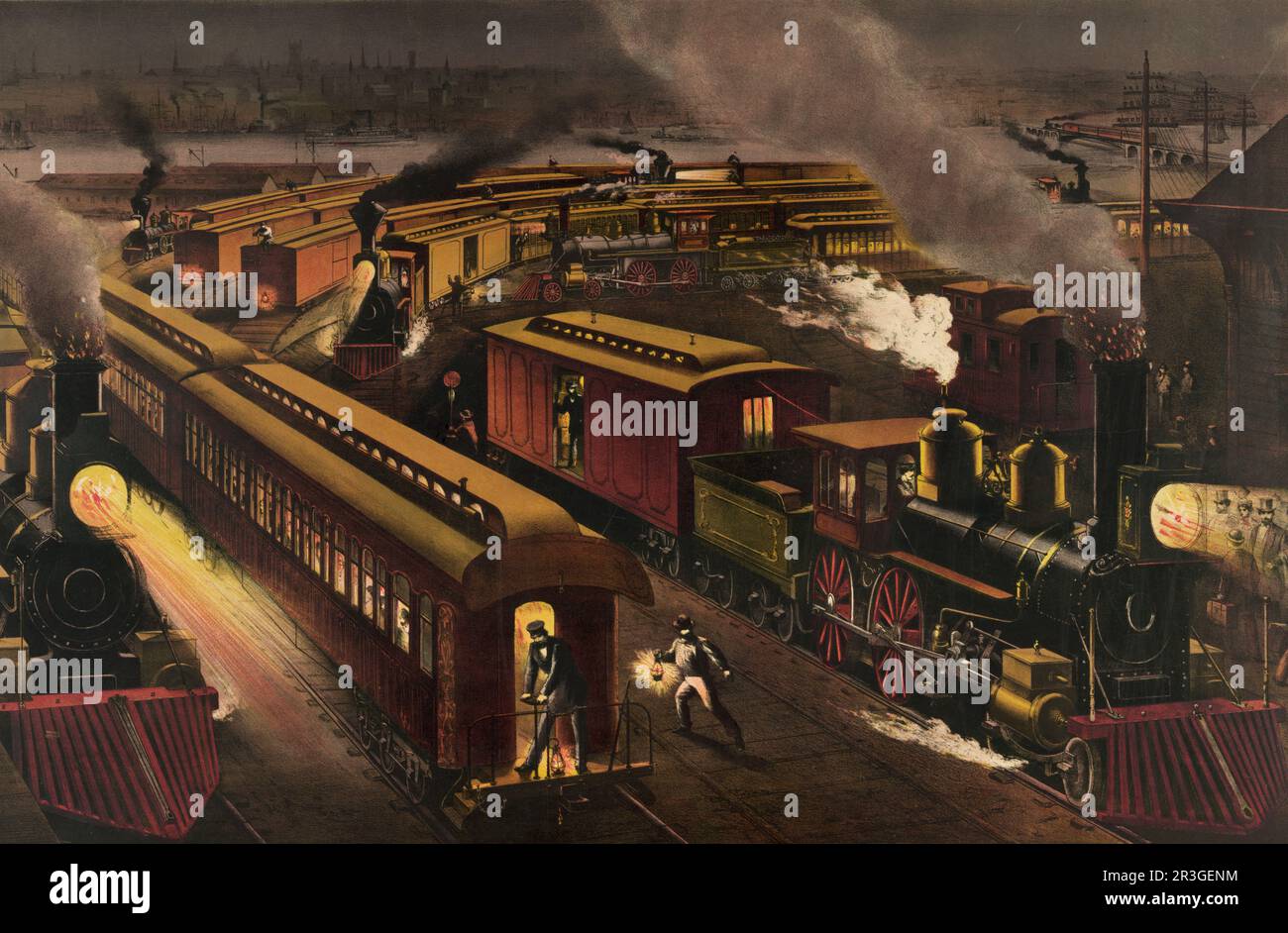 Vintage 19th ° secolo illustrazione di diversi treni passeggeri e merci in una stazione ferroviaria durante la notte. Foto Stock