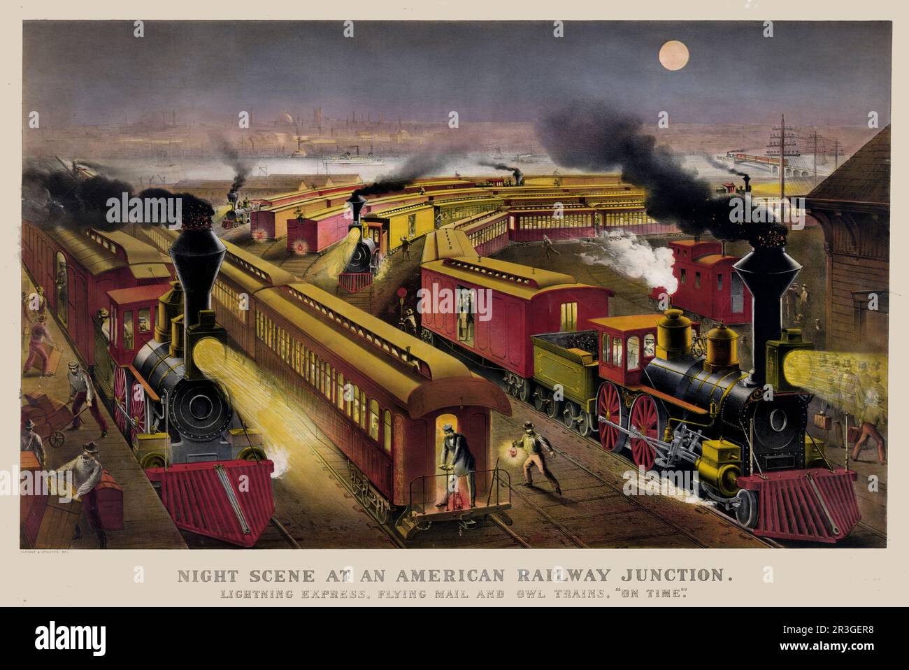 Scena notturna vintage del 19th° secolo in un incrocio ferroviario americano. Foto Stock