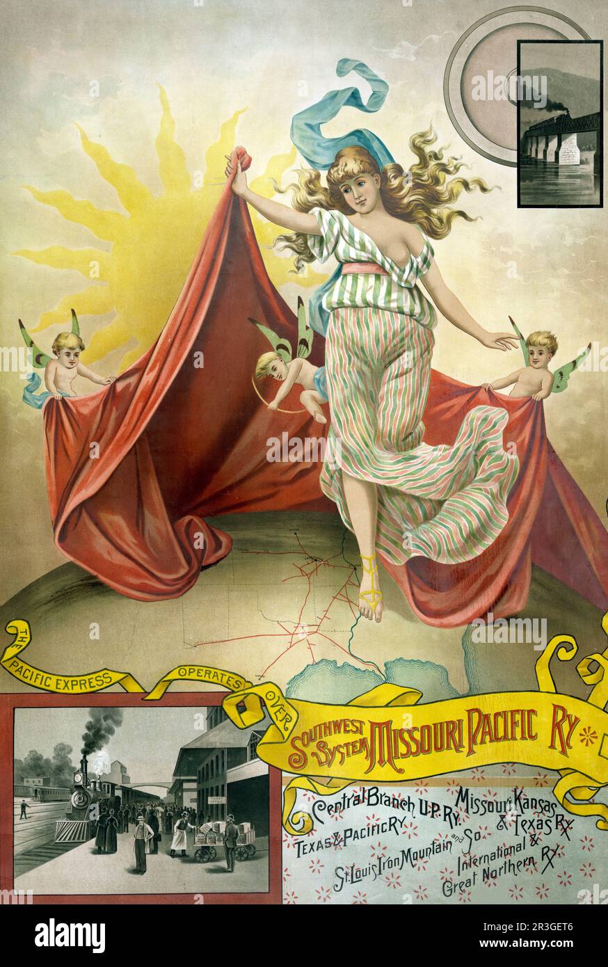Donna con cherubini tiene un drappo su una mappa degli Stati Uniti meridionali con un inset di una stazione ferroviaria. Foto Stock