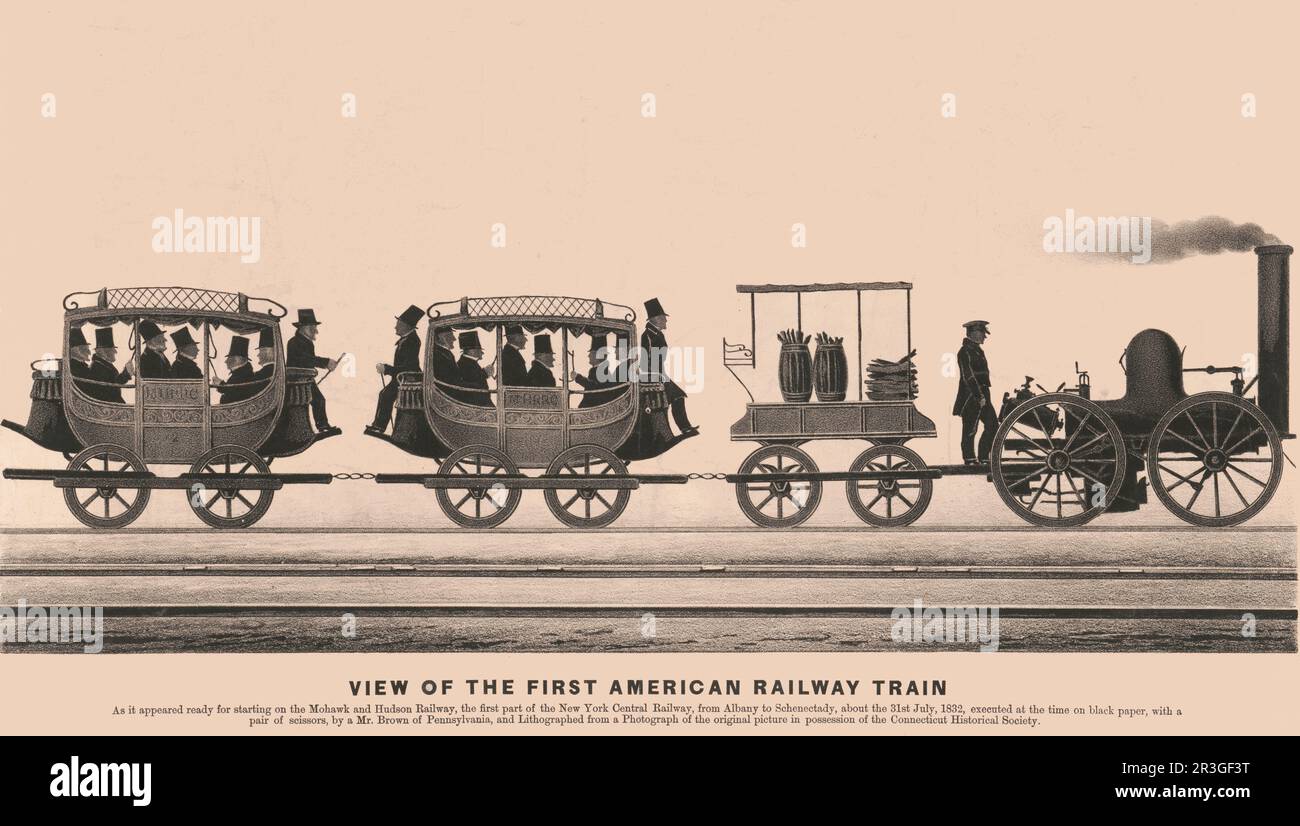 Vista del primo treno ferroviario americano, che mostra i passeggeri maschi che viaggiano in pullman su ferrovia. Foto Stock