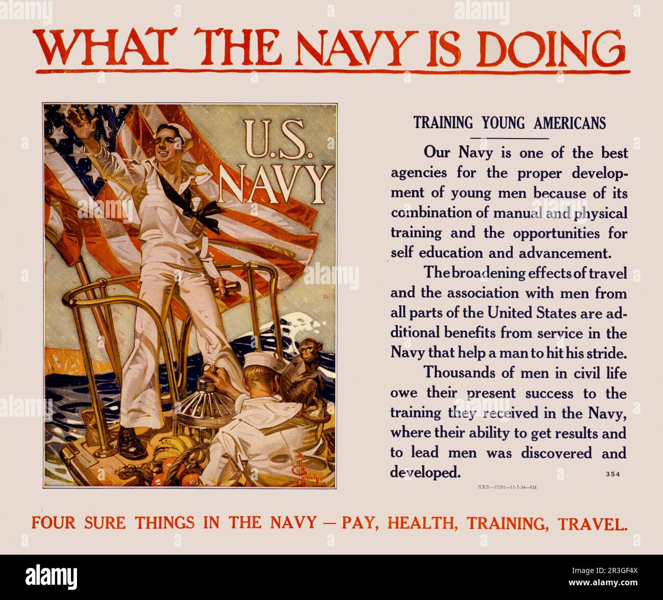 Poster vintage che mostra i marinai in mare con una bandiera americana. Foto Stock