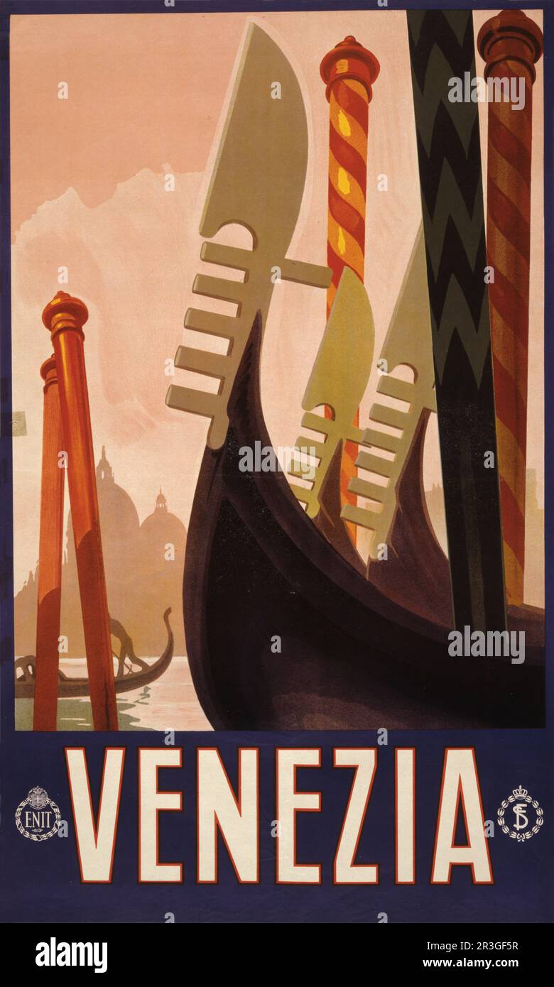 Poster di viaggio d'epoca che mostra le rampe decorative delle gondole su un canale di Venezia, intorno al 1920. Foto Stock
