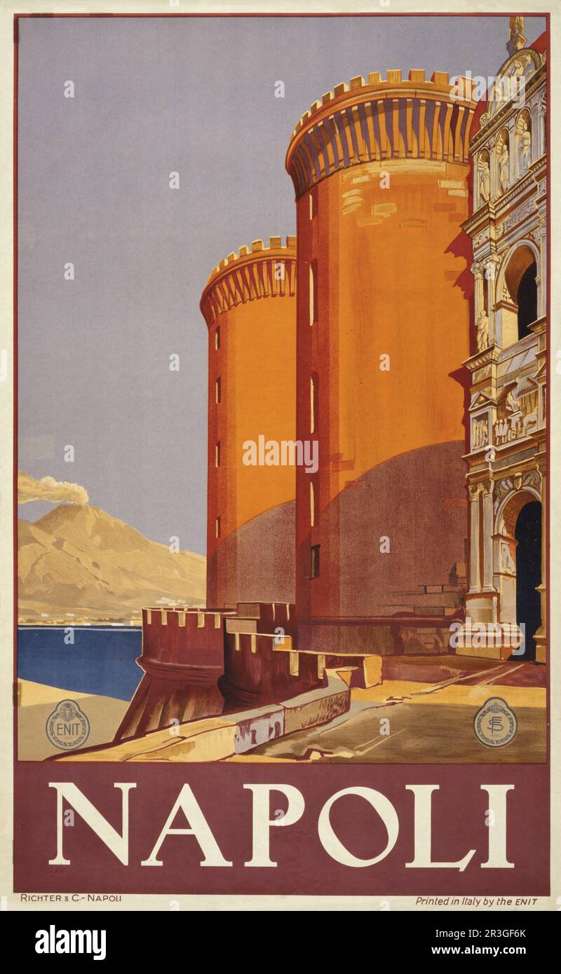 Poster di viaggio d'epoca che mostra il Vesuvio e la baia di Napoli dalla terrazza di una fortezza, circa 1920. Foto Stock