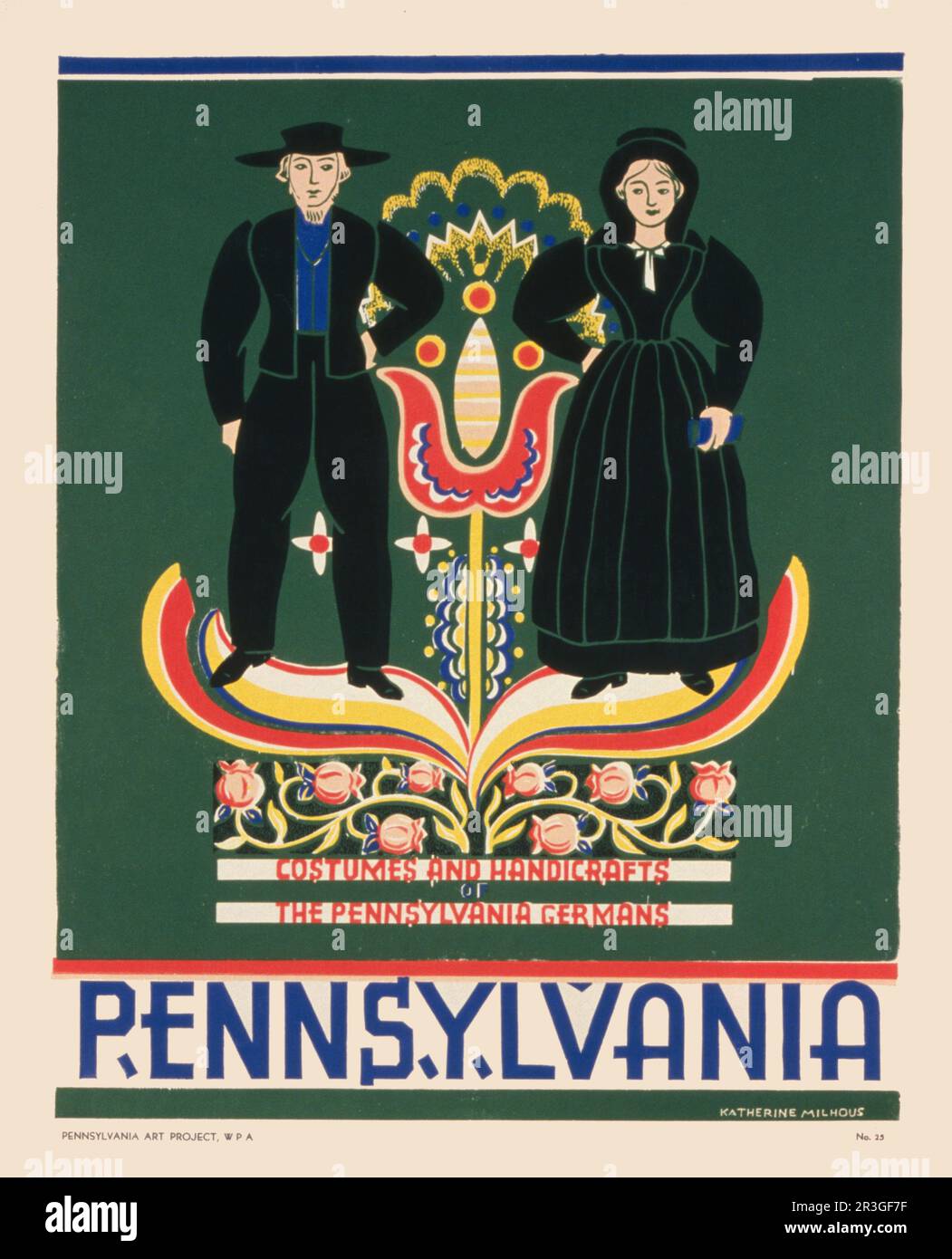 Poster di viaggio vintage 1936 che promuove Lancaster County, Pennsylvania, mostrando una coppia Amish. Foto Stock