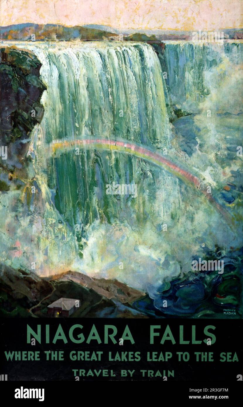 Poster di viaggio vintage che mostra le Cascate del Niagara con un arcobaleno nella nebbia, circa 1925. Foto Stock