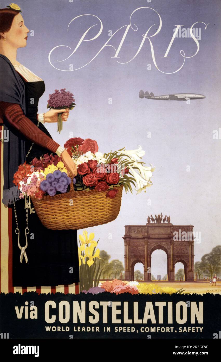 Poster di viaggio d'epoca, Parigi via Constellation, circa 1950. Foto Stock