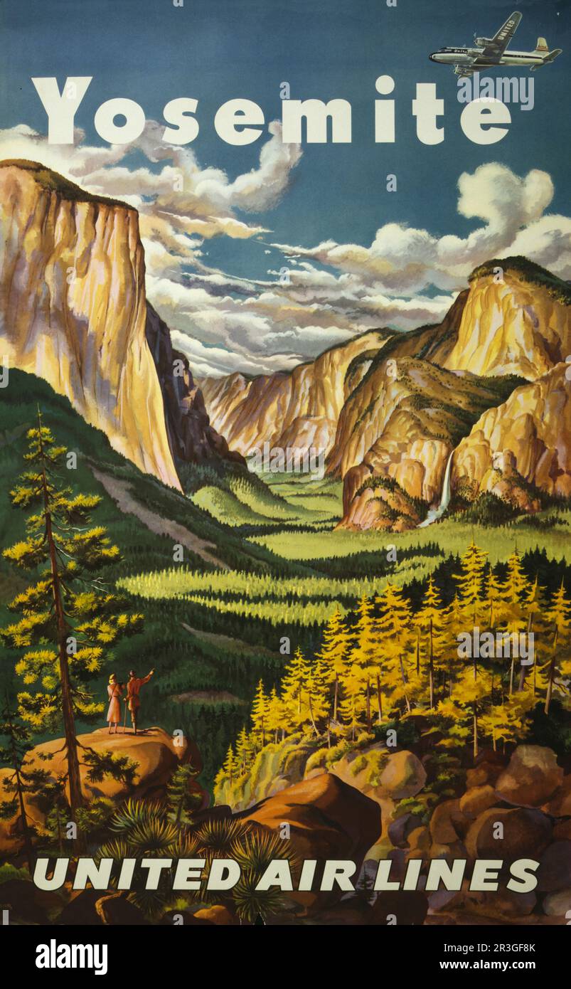 Poster di viaggio vintage che si affaccia sulle cascate di Yosemite e sul Parco Nazionale di Yosemite, circa 1945. Foto Stock