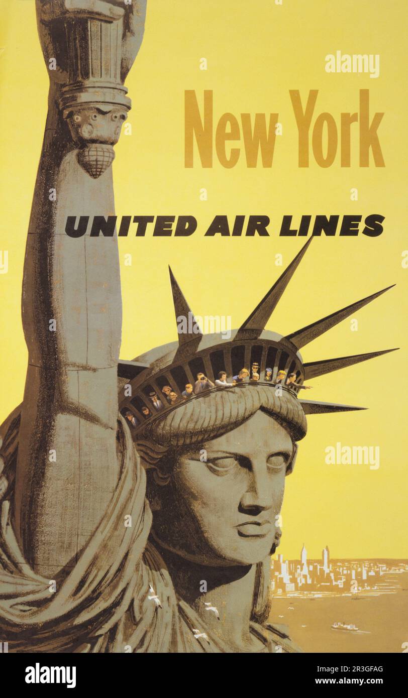 Poster di viaggio vintage per New York, United Air Lines, che mostra le persone che sbirciano la corona della Statua della libertà, intorno al 1960. Foto Stock