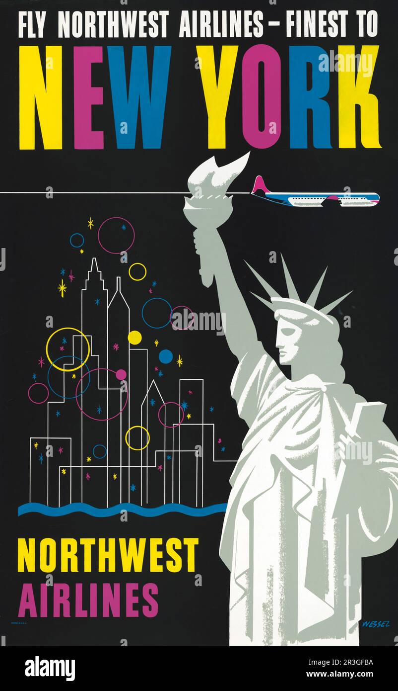 Poster di viaggio vintage per volare Northwest Airlines a New York, con la Statua della libertà. Foto Stock