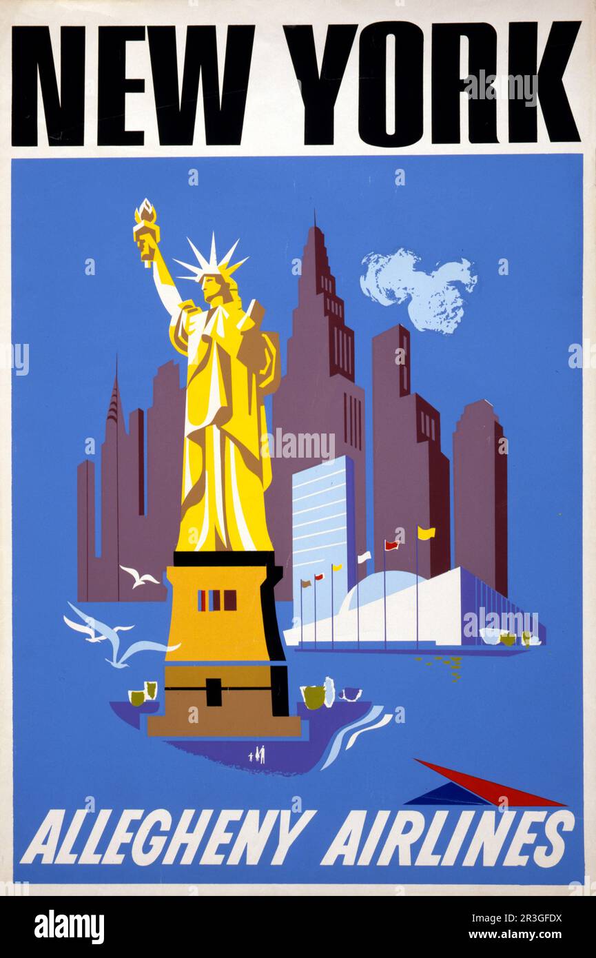 Poster di viaggio vintage per Allegheny Airlines che mostra la Statua della libertà e lo skyline di New York City, circa 1950. Foto Stock
