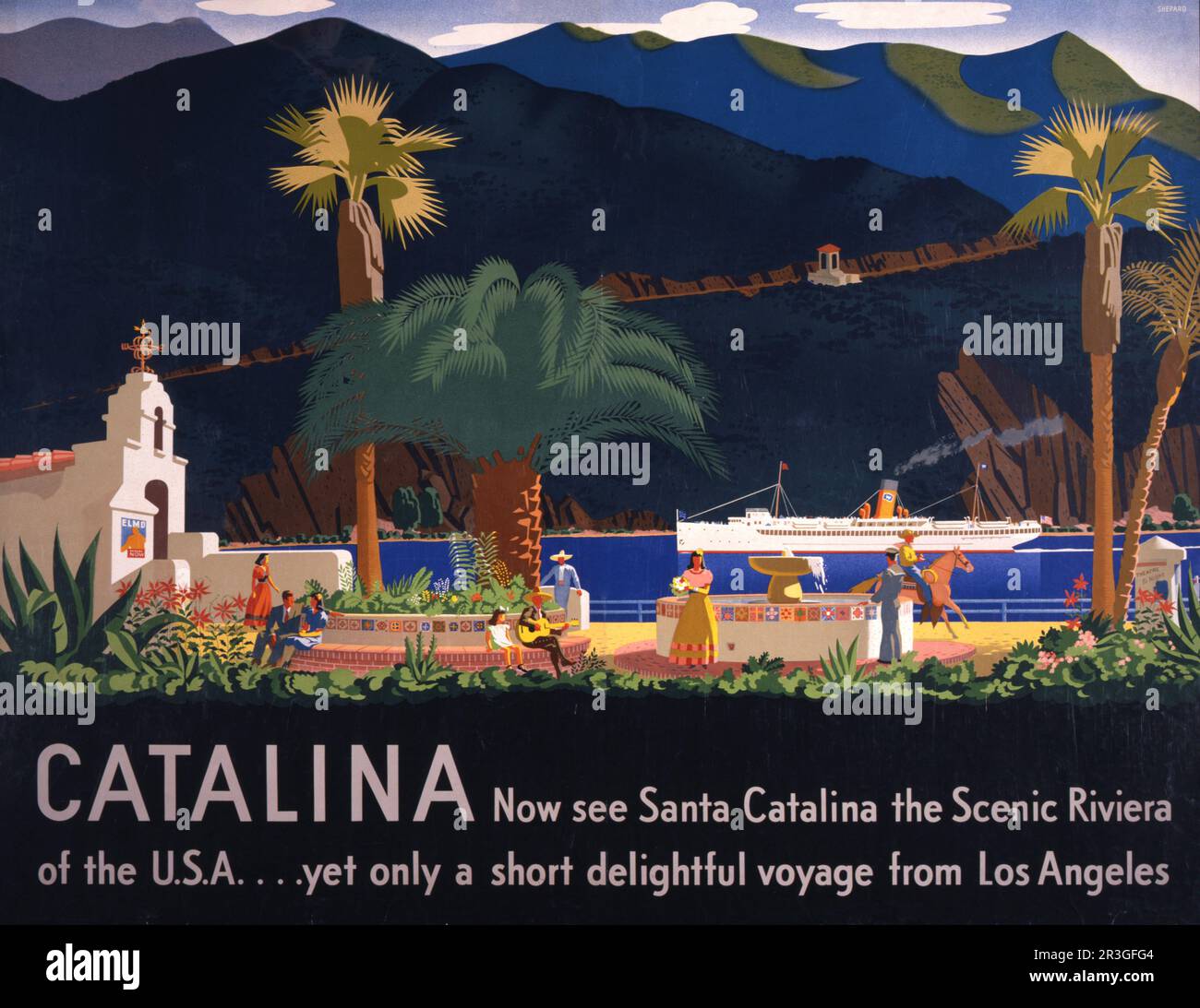 Poster di viaggio vintage per il turismo a Santa Catalina Island, California, circa 1935. Foto Stock