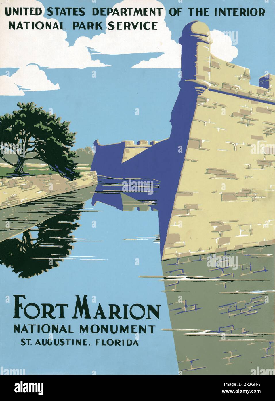 Poster di viaggio vintage che mostra la vista di Fort Marion (Castillo de San Marcos), St Augustine, Florida, circa 1938. Foto Stock