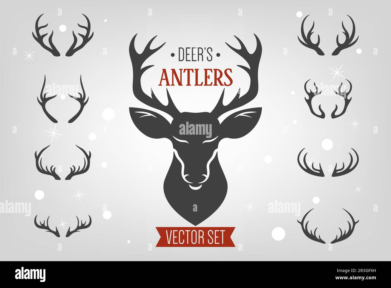 Vettore Natale corna di renne, Antlers, testa. Silhouette di Corno di cervo. Set Antler per cervi disegnati a mano, collezione. Modelli di disegno per fauna selvatica, cacciatori Illustrazione Vettoriale