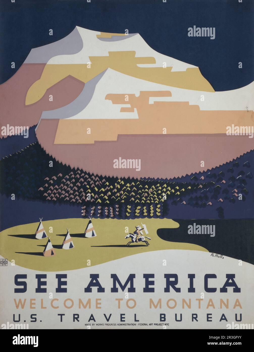 Poster di viaggio vintage per l'ufficio viaggi degli Stati Uniti che promuove i viaggi in Montana. Foto Stock