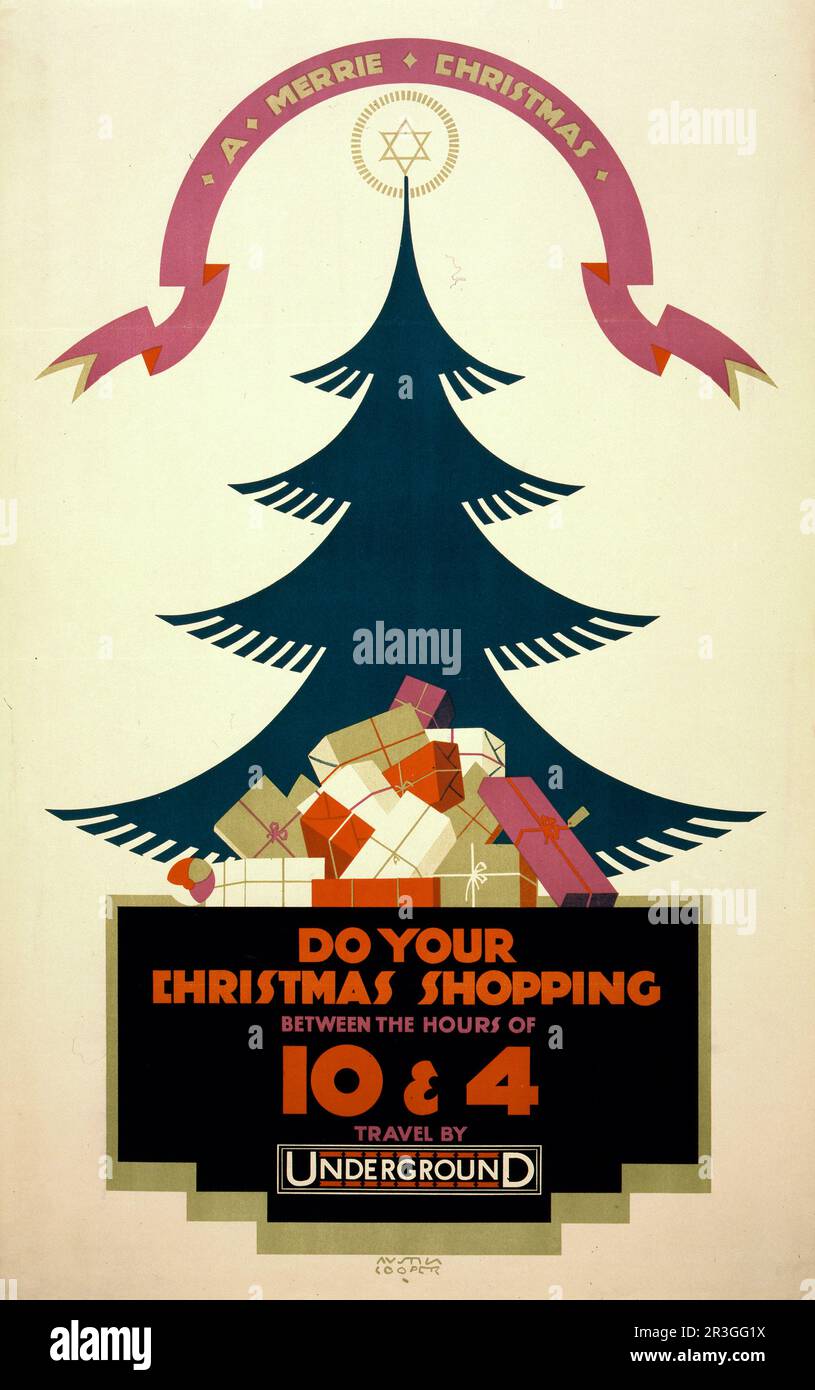 Poster vintage che promuove i viaggi della metropolitana di Londra, circa 1924. Per lo shopping natalizio. Foto Stock