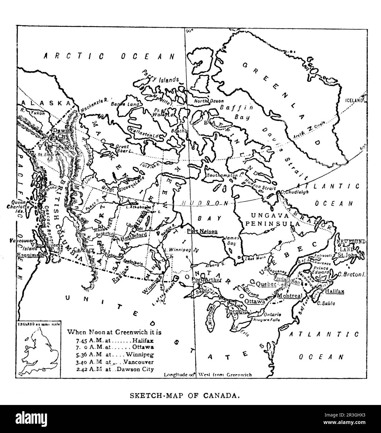 Mappa di schizzo del Canada dal libro ' CANADA ' di Bealby, J. T. (John Thomas), CON DODICI ILLUSTRAZIONI A PAGINA INTERA A COLORI DI T. FALCIATRICE MARTIN, R.C.A., C. M. MANLY, HY. SANDHAM, ALLAN STEWART, W. COTMAN EADE, & MORTIMER MENPES PUBBLICATO DALLA SOCIETÀ MACMILLAN DEL CANADA, LIMITED TORONTO. CANADA 1909 Foto Stock