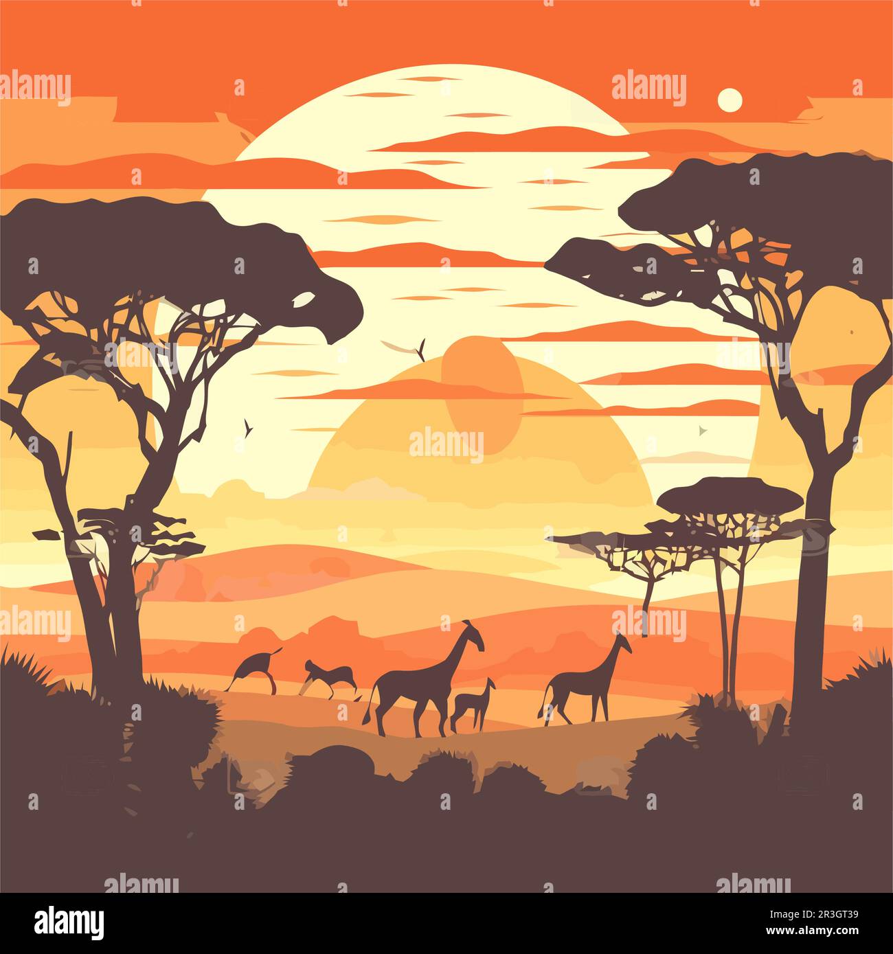 Silhouette di giraffe sulla savana al crepuscolo Illustrazione Vettoriale