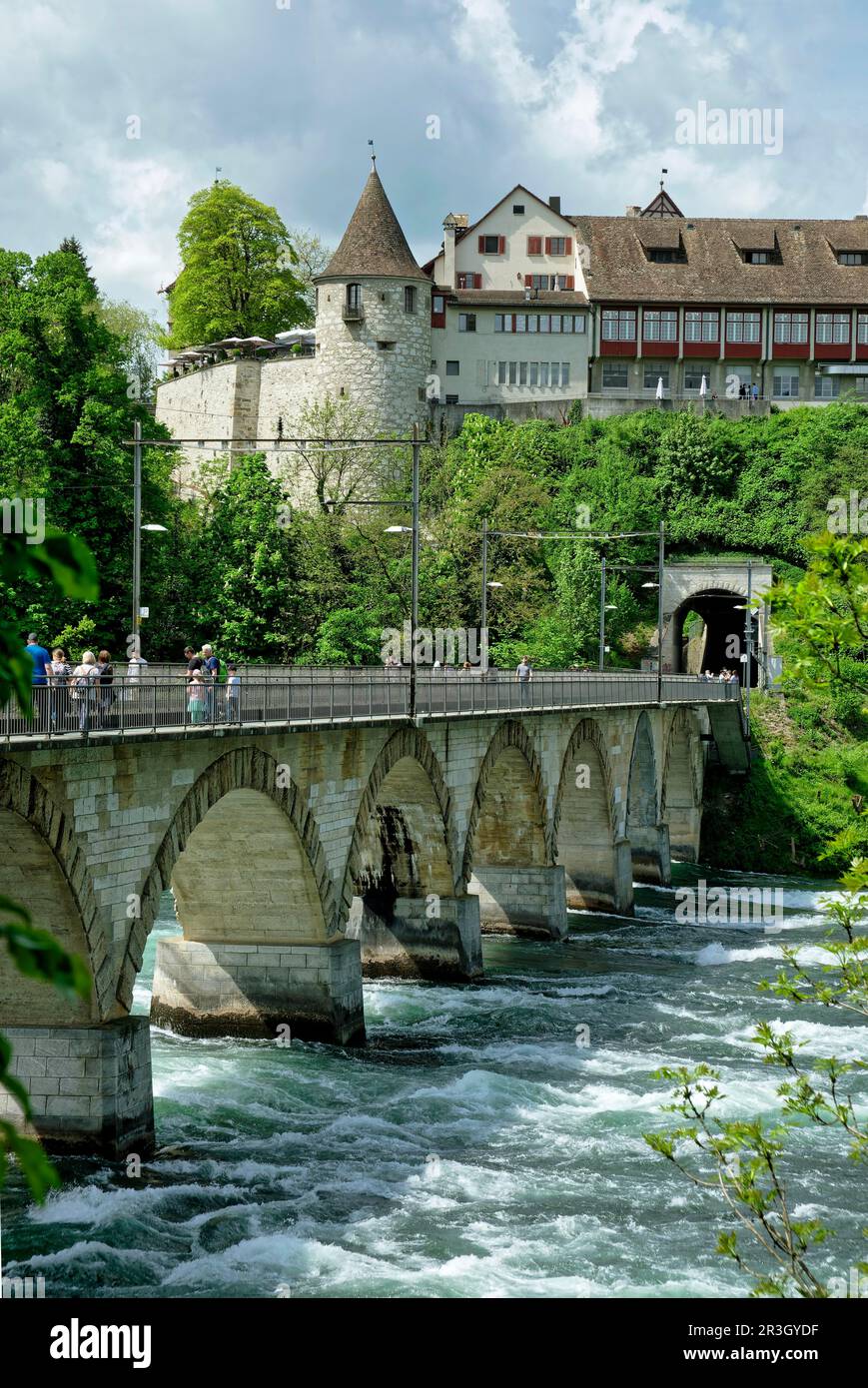 Viadotto e Castello di Laufen, Laufen-Uhwiesen am Rheinfall, Canton Zurigo, Svizzera Foto Stock