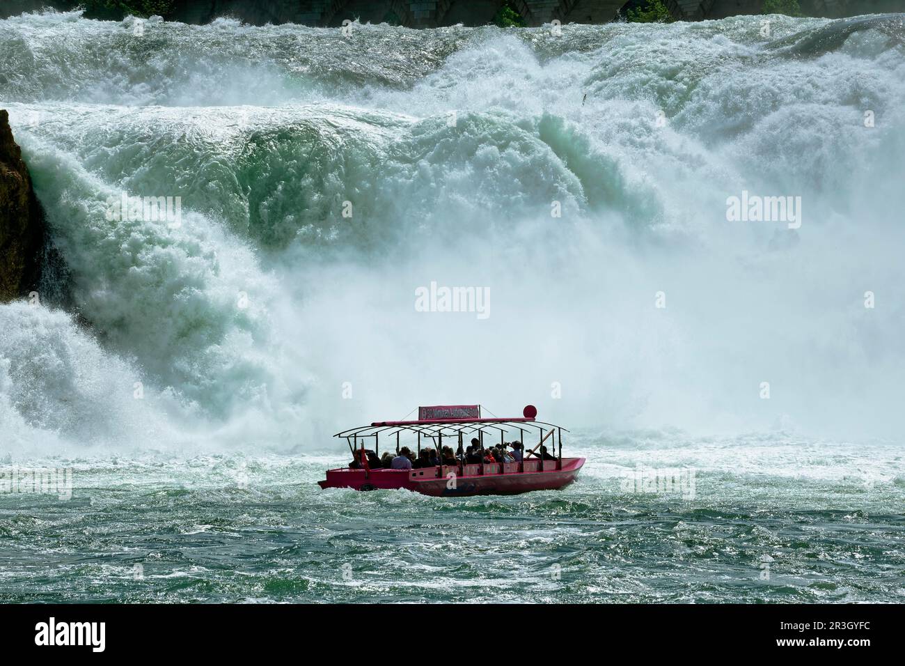 Cascate del Reno nei pressi di Schaffhausen, cascata con barca da escursione, Laufen-Uhwiesen am Rheinfall, Canton Zurigo, Svizzera Foto Stock