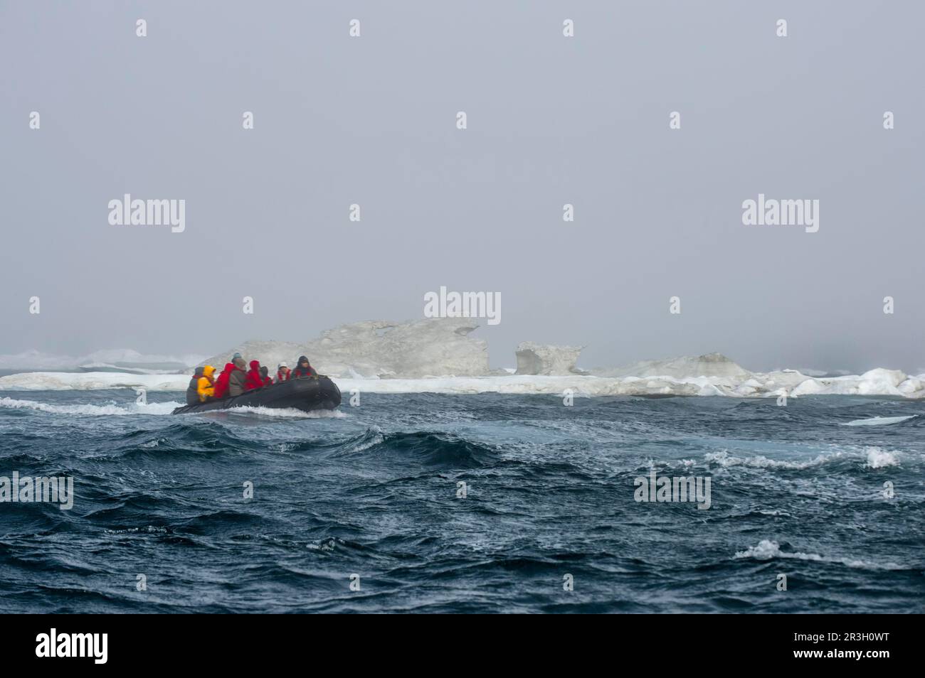 Zodiac con i turisti che si avvicinano all'isola di Herald, al mare di Chukchi, all'Estremo Oriente russo, sito patrimonio dell'umanità dell'UNESCO Foto Stock