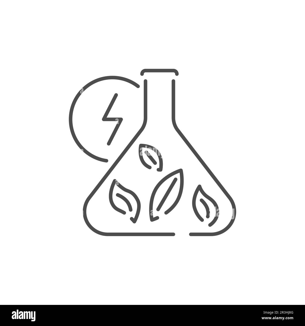 Icona lineare vettoriale correlata al concetto di biomassa. Pallone da laboratorio con foglie e fulmini. Ricerca ecologica. Eco-energia e biocarburanti. Schema illustrativo Illustrazione Vettoriale