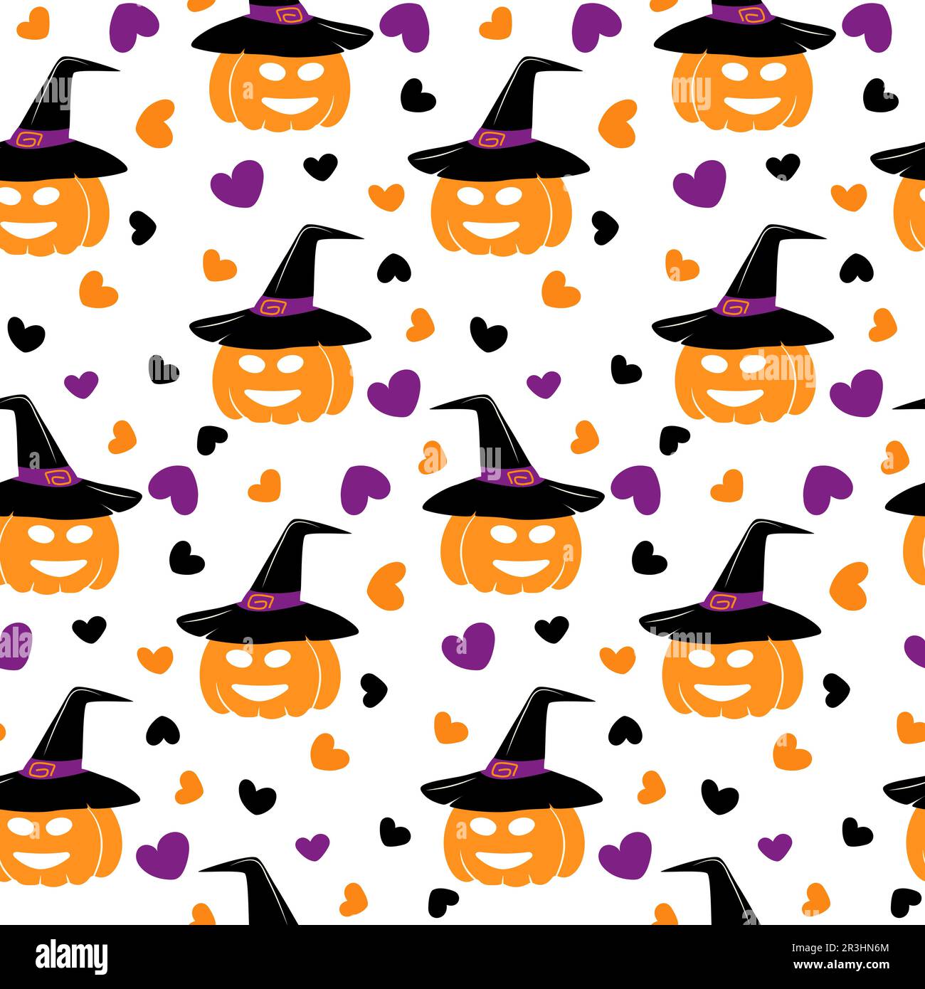 Modello infinito di zucca in un cappello di strega con il viso sorridente e i cuori intorno in tonalità alla moda di Halloween. Isolare. Design per imballaggio, poster, striscioni, Illustrazione Vettoriale