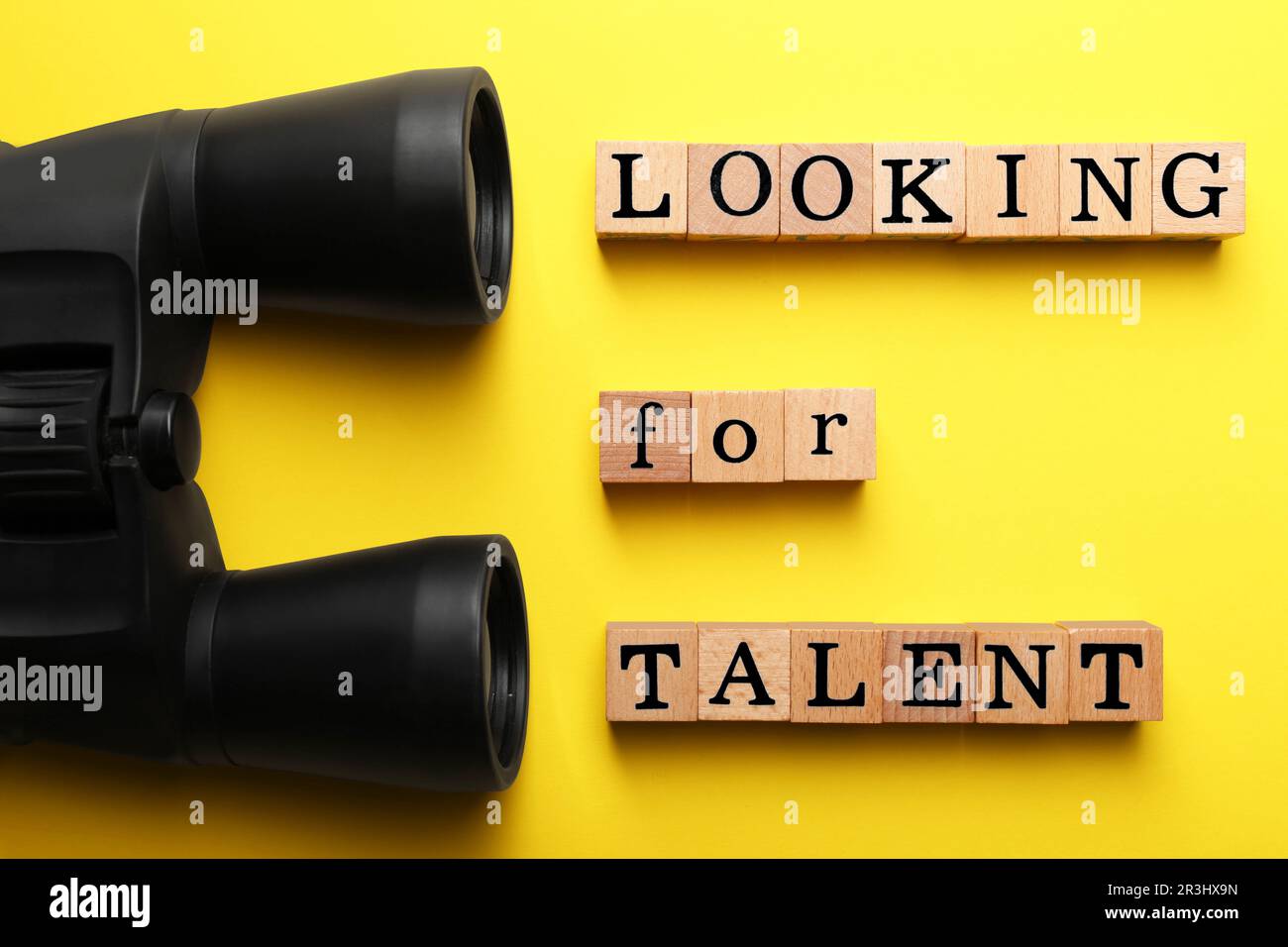 Concetto di reclutamento del personale. Frase cercando talento fatto di cubetti di legno e binocolo su sfondo giallo, piatto Foto Stock