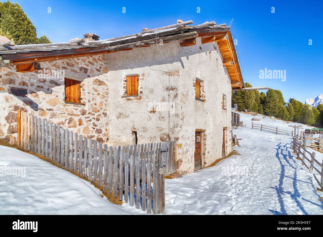 Rifugio ad alta quota tra cime innevate e pineta Foto Stock