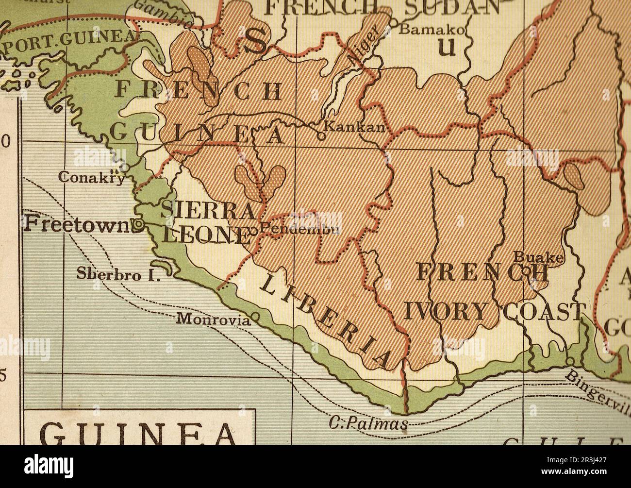 Mappa geografica vintage della Guinea in seppia. Foto Stock