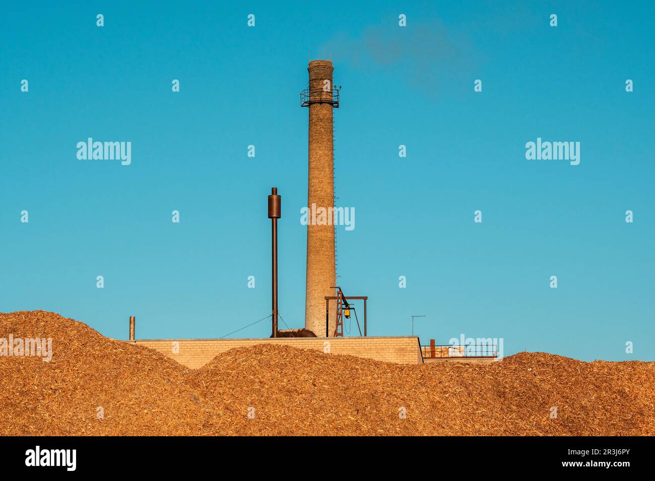 Un mucchio di biocarburanti con un grande tubo di una centrale termica sullo sfondo Foto Stock