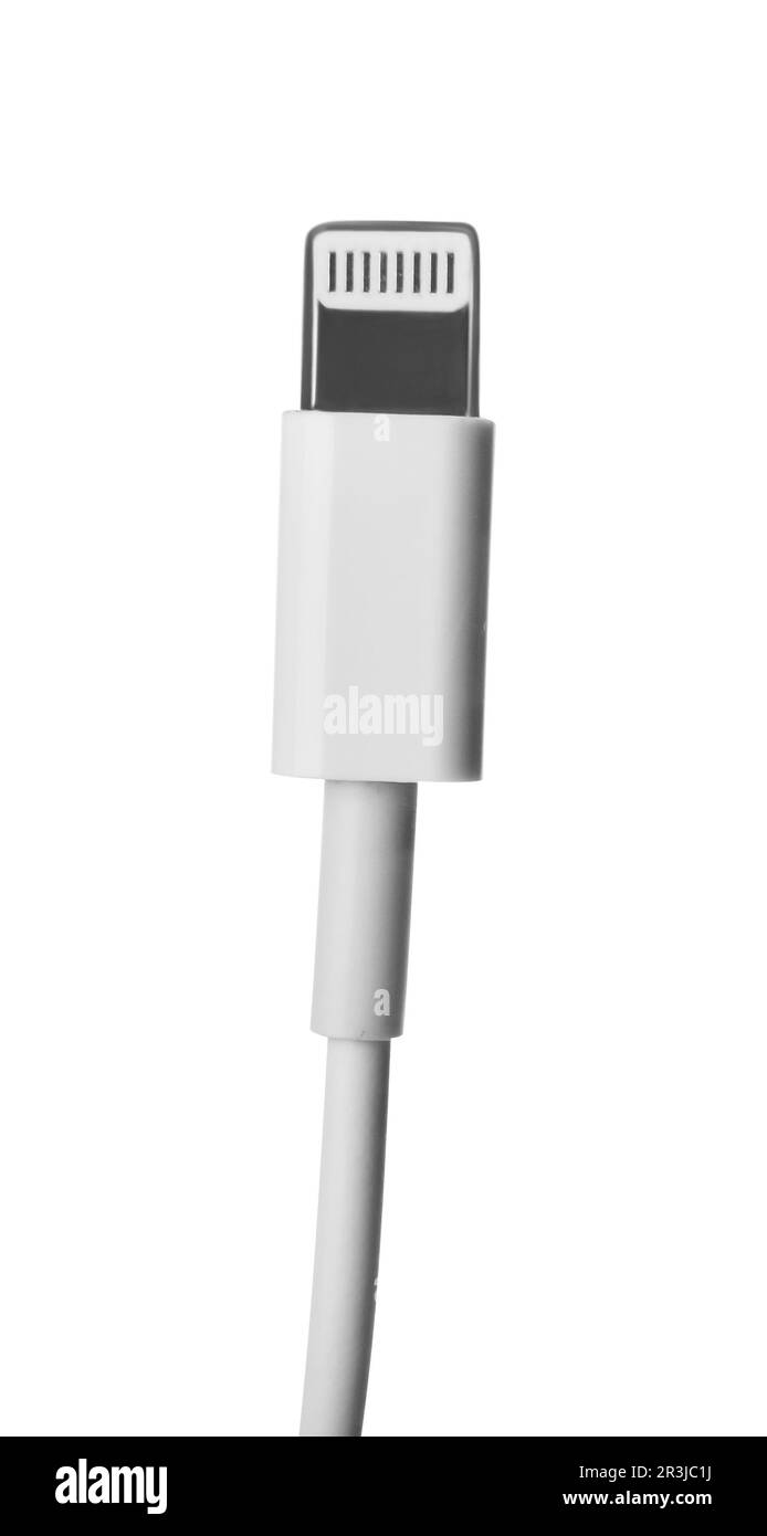 Connettore del cavo Lightning isolato su bianco. Tecnologia moderna Foto Stock