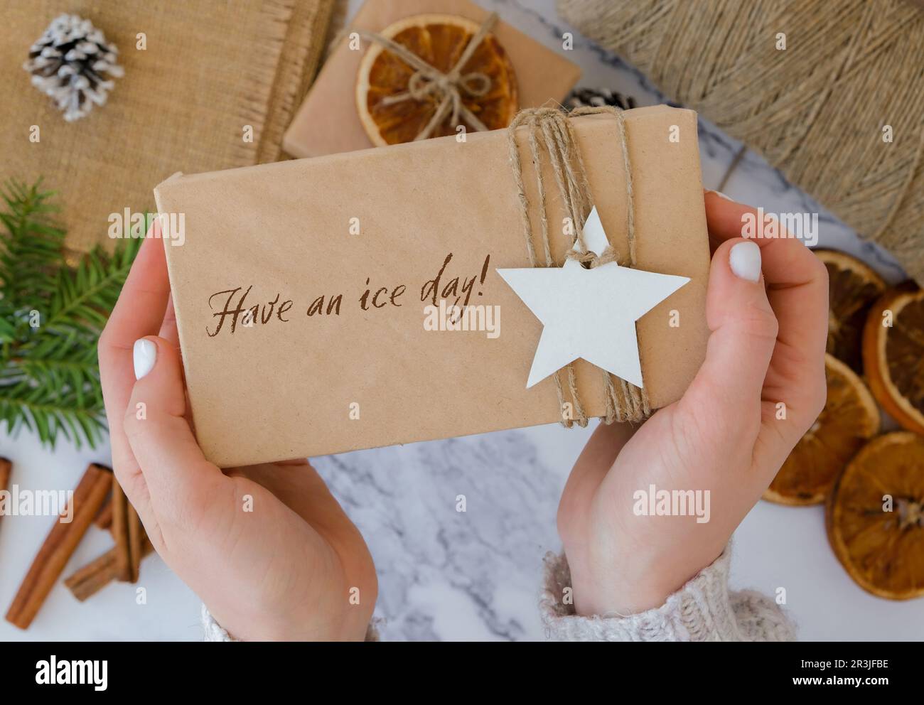 Abbia un giorno del ghiaccio ispirazione scherzo citazione frase Donna che fa la scatola con i regali del nuovo anno, avvolta in carta di mestiere e decorata con Foto Stock