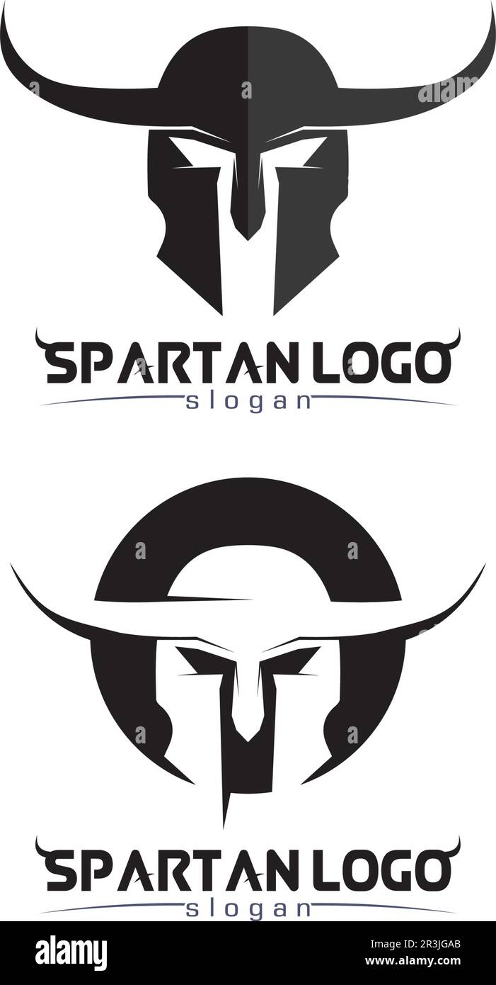 Logo spartan nero Glaiator e Vector design casco e testa Illustrazione Vettoriale