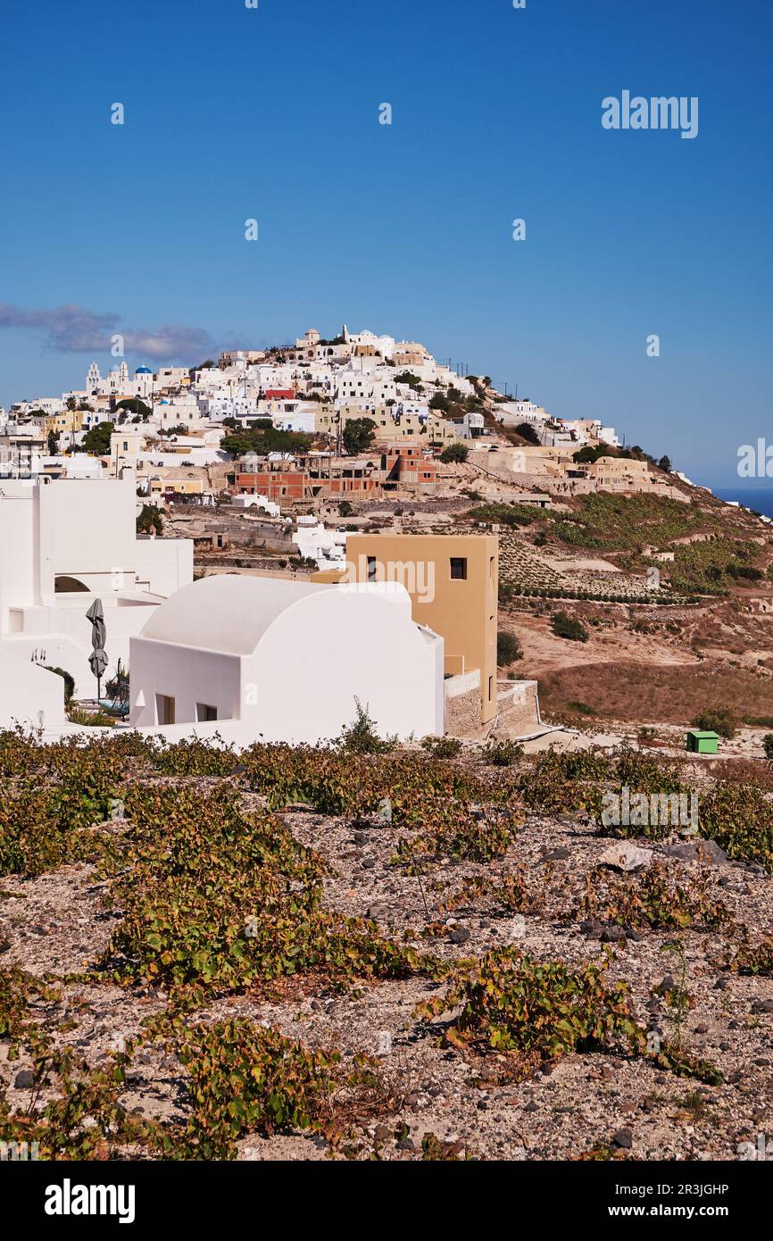 Vista aerea panoramica del villaggio di Pyrgos sull'isola di Santorini, Grecia - Case bianche tradizionali nelle scogliere della Caldera Foto Stock