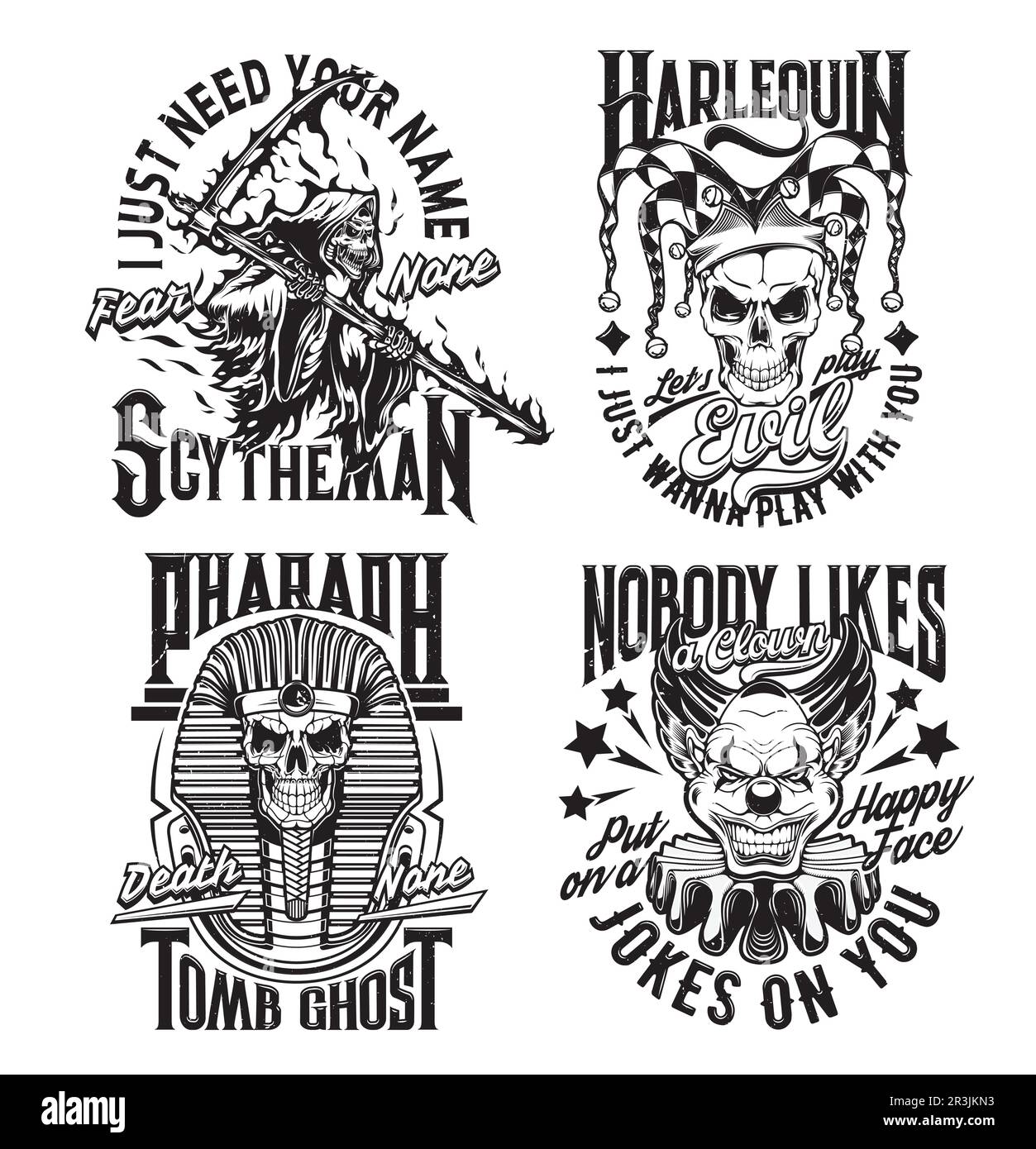 Stampe della maglietta Death Reaper, harlequin, pharaoh e Danger clown. Abiti con stampa creepy, badge vettoriale personalizzato con cranio harlequin in berretto sciocco, mummia faraone e morte con scythe, pazzo clown Illustrazione Vettoriale