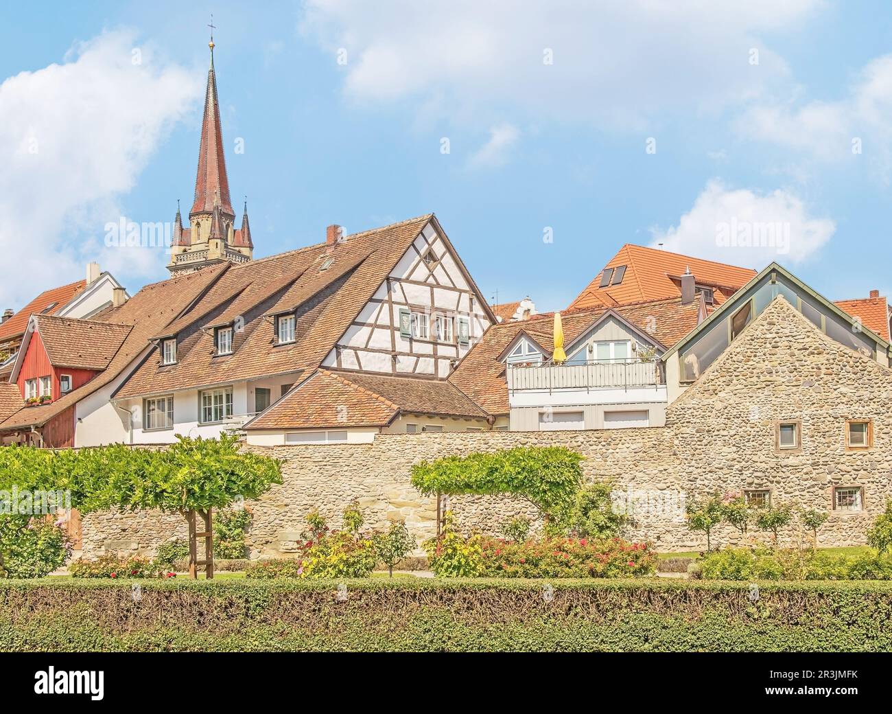 Giardino cittadino, Mura cittadina e Cattedrale di nostra Signora, Radolfzell sul Lago di Costanza Foto Stock