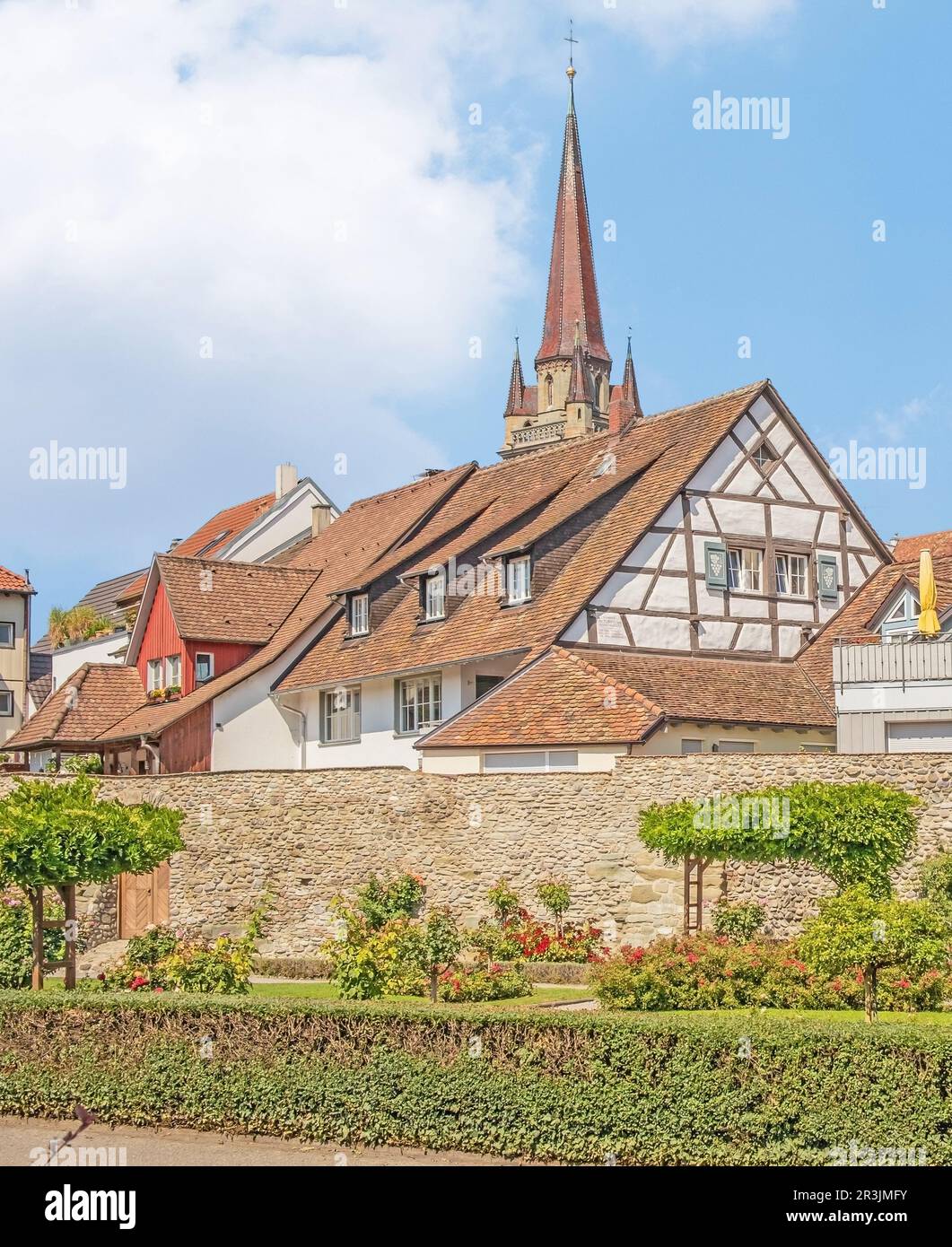 Giardino cittadino, Mura cittadina e Cattedrale di nostra Signora, Radolfzell sul Lago di Costanza Foto Stock
