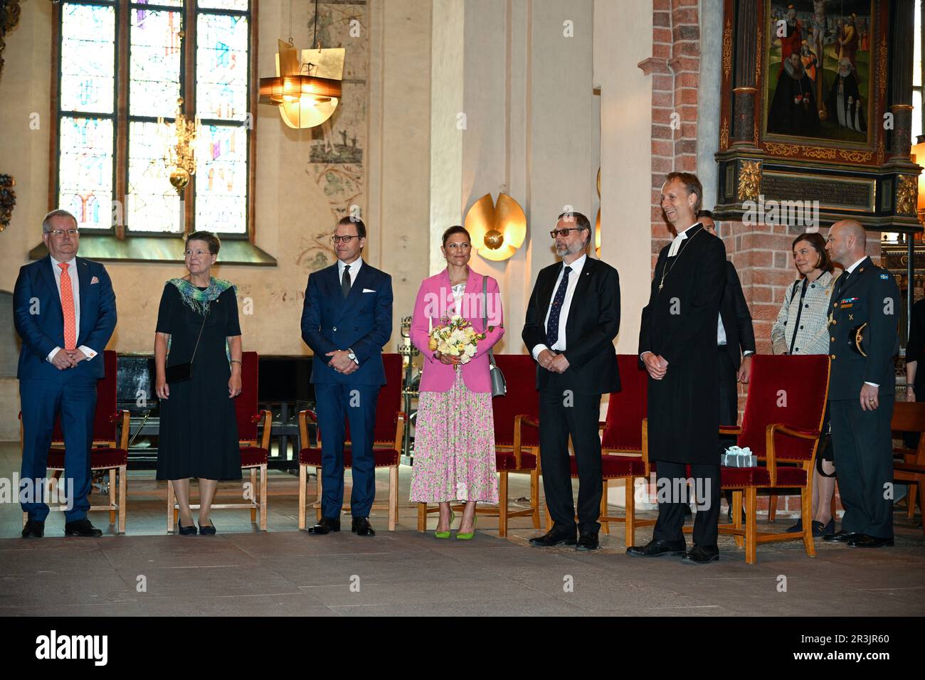 La Principessa Corona Victoria e il Principe Daniel alla palestra Rudbeckianska per le celebrazioni del 400th° anniversario della scuola a Vasteras, Svezia, 24 maggio 2023 Foto Stock