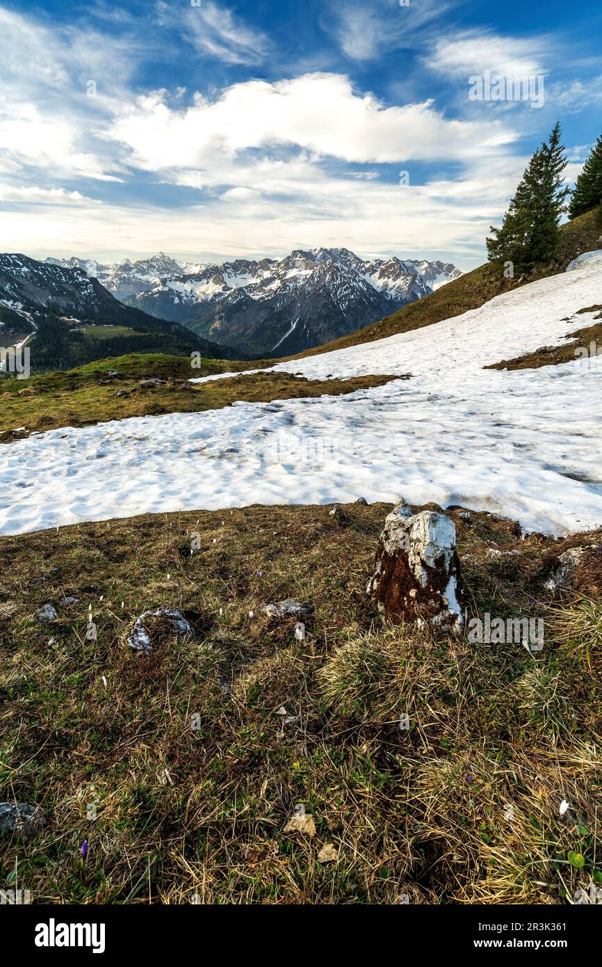 Escursioni in primavera con ultima neve nei pressi di Oberjoch baviera Foto Stock